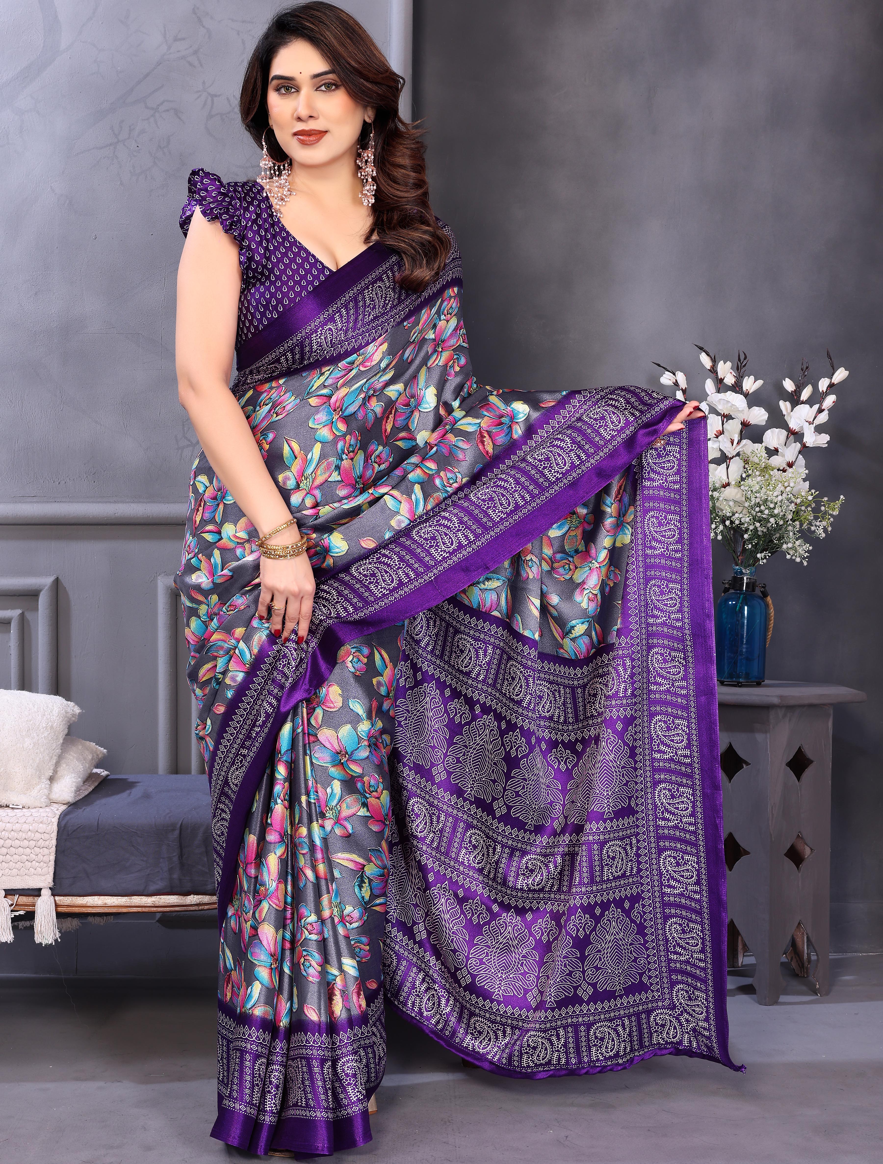 Grey & Blue Floral Printed Saree for Women Party & Daily Wear Saree