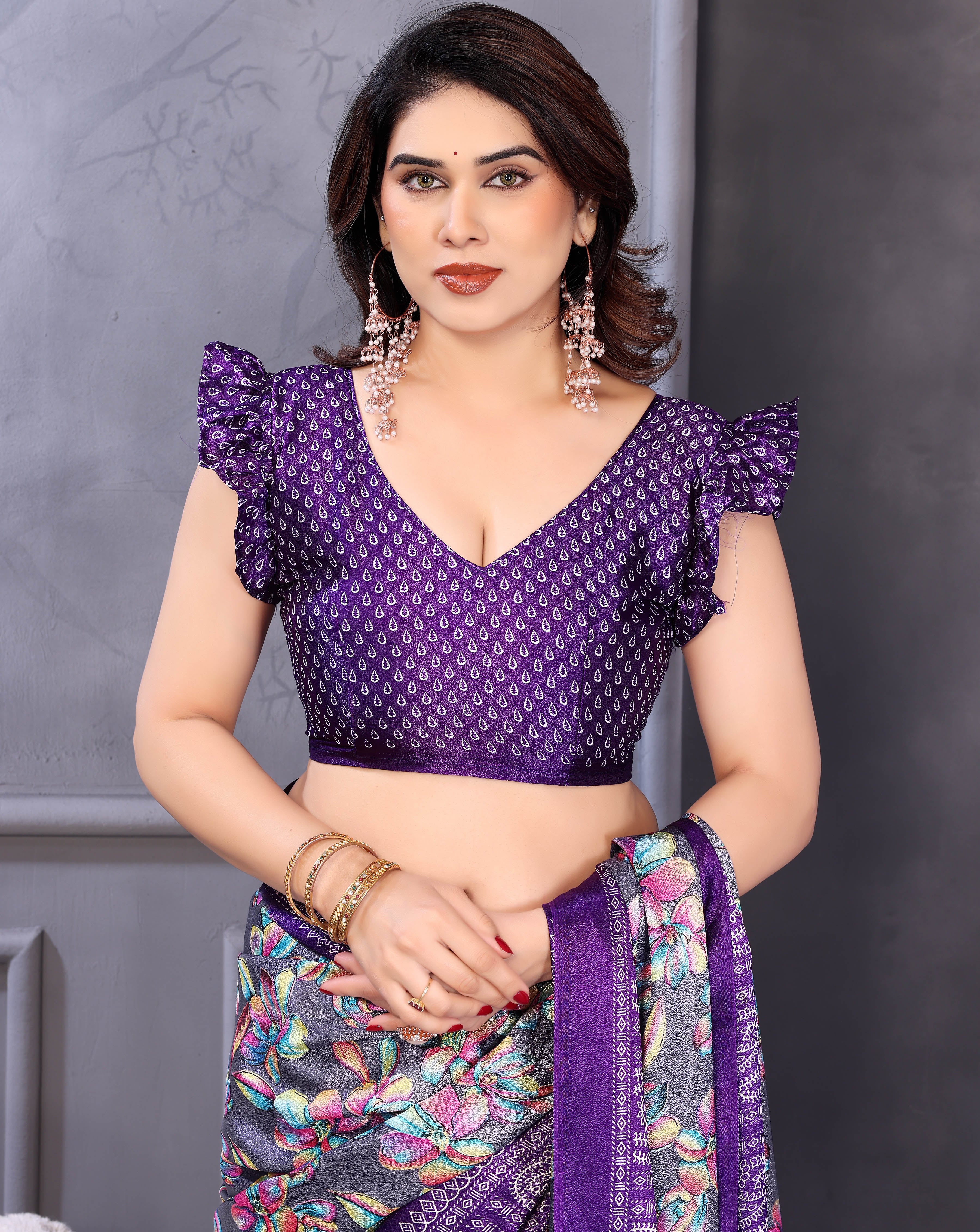 Grey & Blue Floral Printed Saree for Women Party & Daily Wear Saree