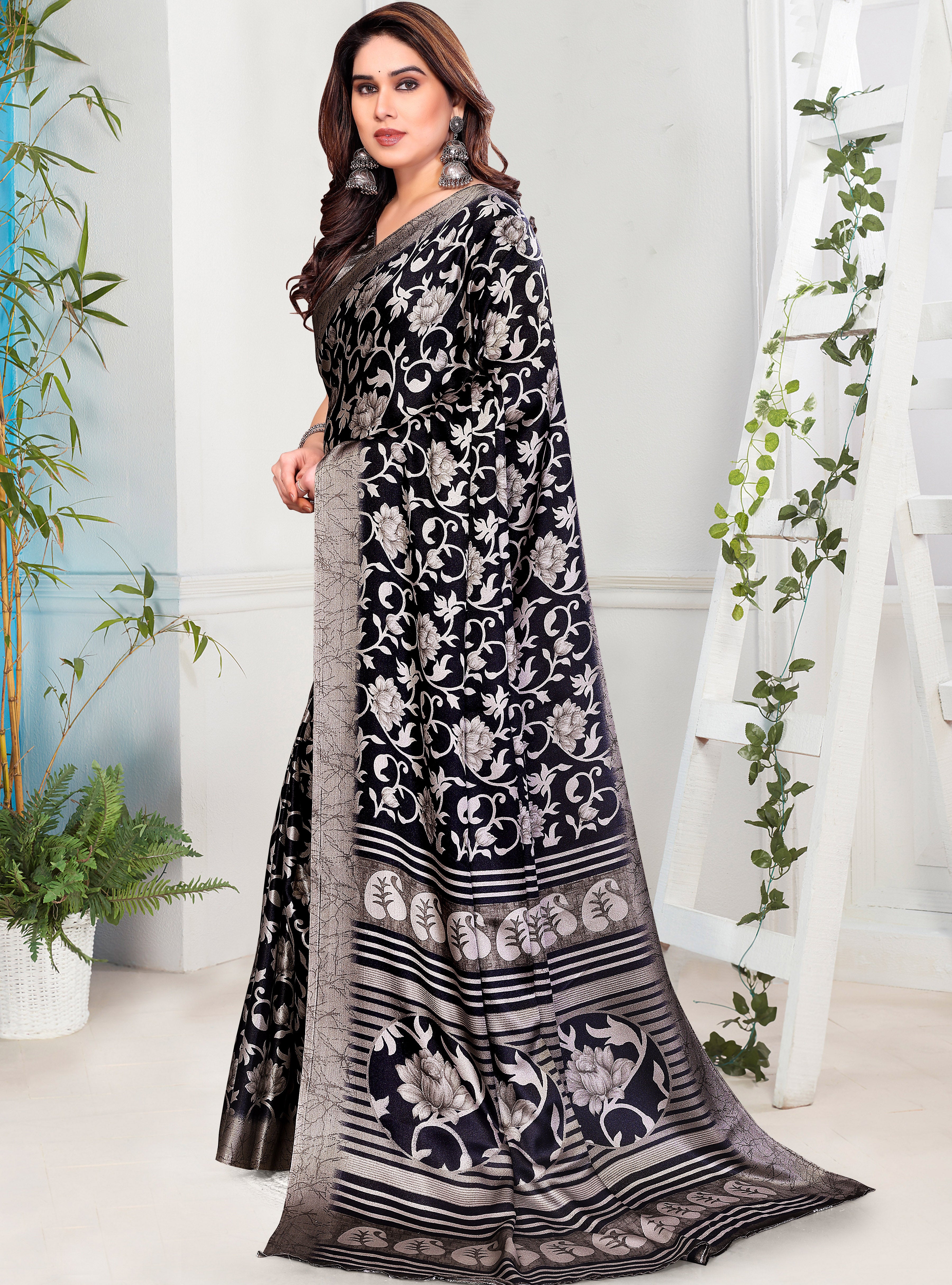 Black Floral Printed Cotton Silk Party & Daily Wear Saree with Blouse Piece