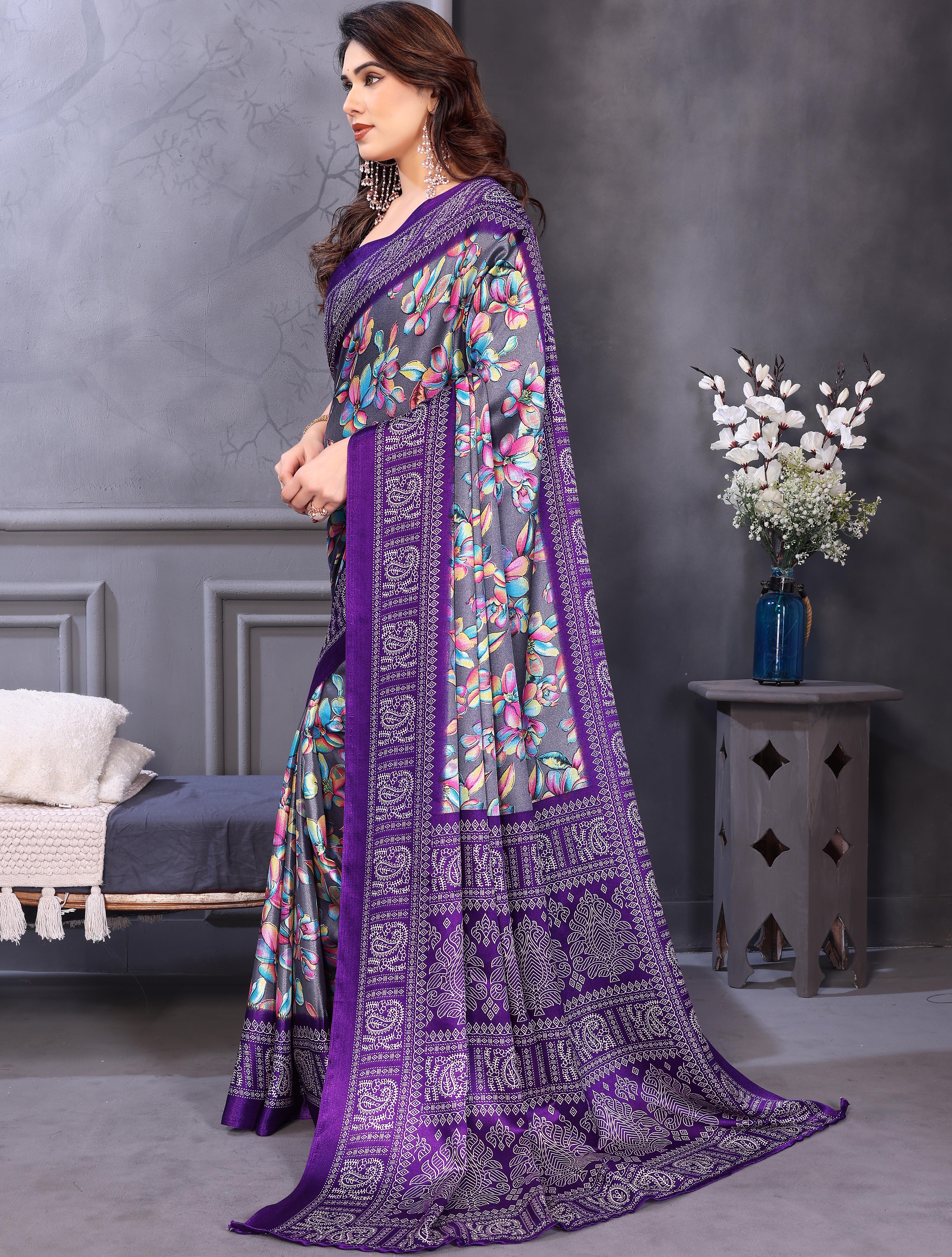 Grey & Blue Floral Printed Saree for Women Party & Daily Wear Saree